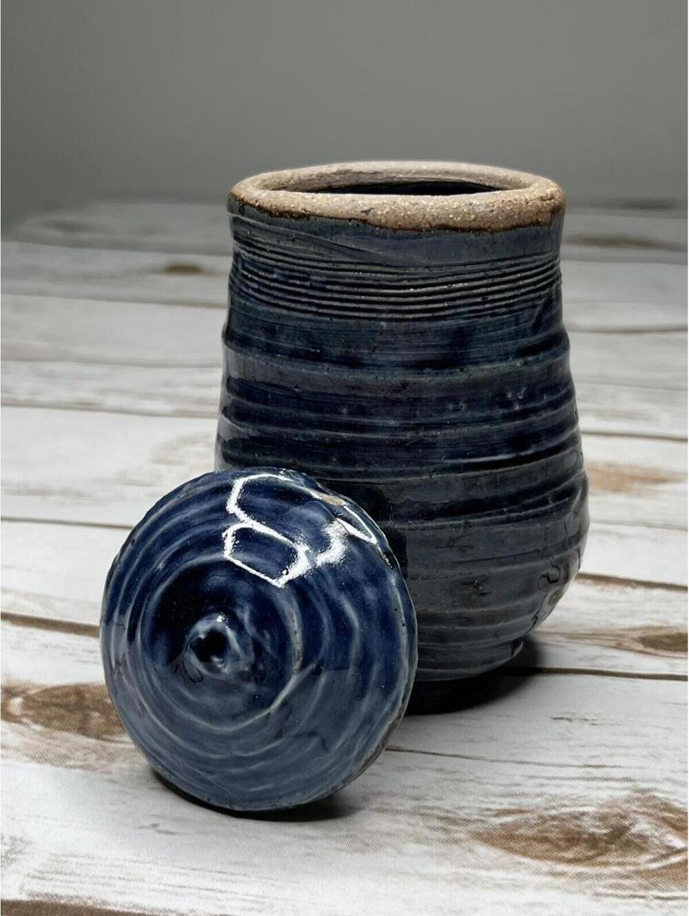 Handcrafted Studio Art Rustic Blue Ceramic Jar with Lid
